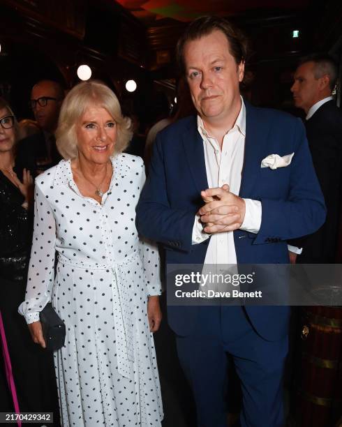 Queen Camilla and Tom Parker Bowles attend the launch of new book "Cooking & The Crown" by Tom Parker Bowles at The Audley Public House on September...