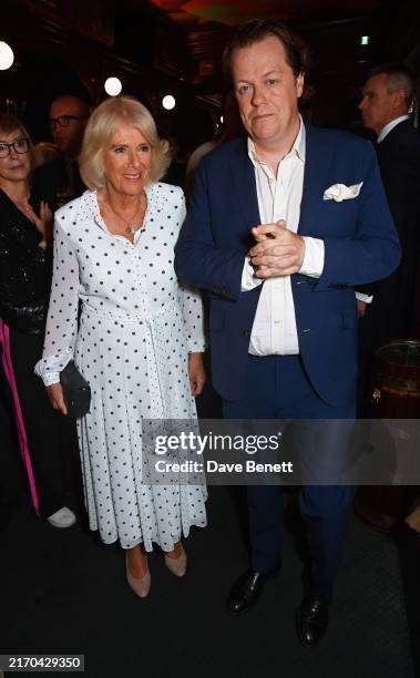 Queen Camilla and Tom Parker Bowles attend the launch of new book "Cooking & The Crown" by Tom Parker Bowles at The Audley Public House on September...