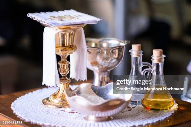 implents for communion at capilla santa monica church in mexico city, mexico - cathedral of the most blessed sacrament stock pictures, royalty-free photos & images