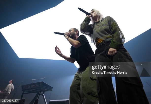 Mike Shinoda and Emily Armstrong and Linkin Park perform during a global livestream at Warner Bros. Studios on September 05, 2024 in Burbank,...