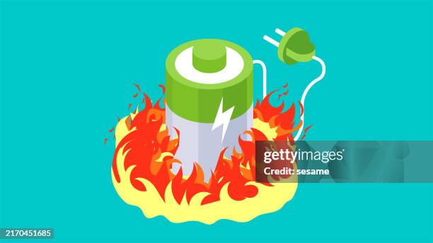ilustrações de stock, clip art, desenhos animados e ícones de isometric charging of batteries on fire, new energy risks and crises, battery risks in electric cars - queimadas