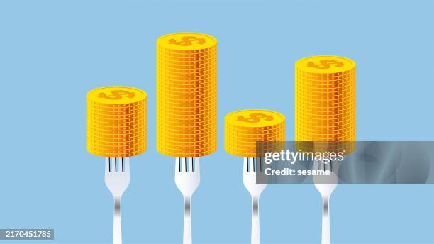 profit sharing, share holder or investor dividend sharing, market share share percentage, forks with gold coins at different heights - separation stock illustrations