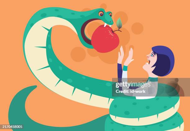 snake holding apple and catching woman - snake biting stock illustrations