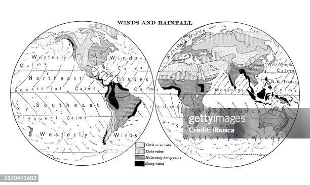 antique illustration: winds and rainfall map - wind map stock illustrations