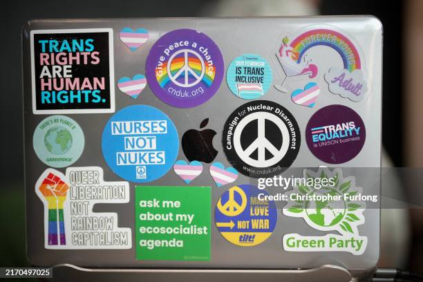 View of a delegate's laptop covered with stickers as delegates arrive for the Green Party Autumn Conference at Manchester Central on September 06,...