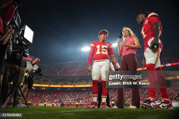 Kansas City Chiefs Patrick Mahomes and Xavier Worthy in action, are interviewed by NBC sideline reporter Melissa Stark following the game vs...