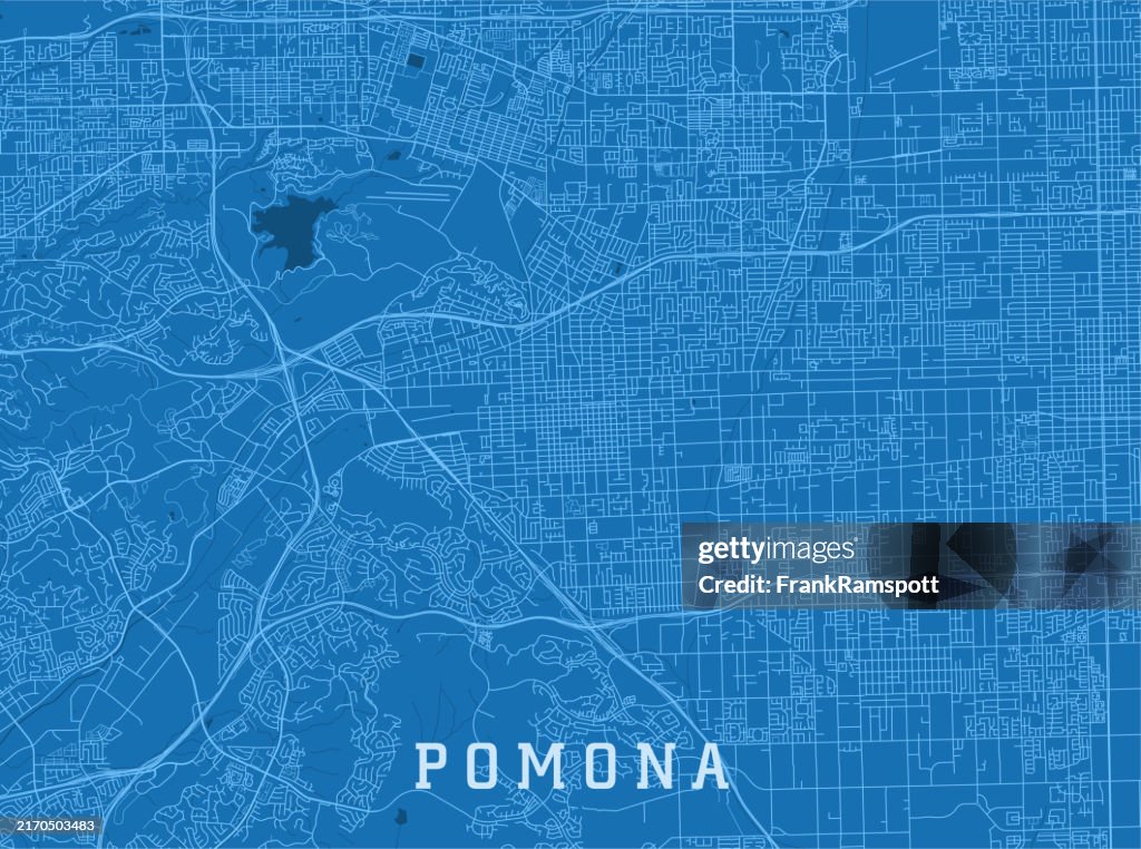 Pomona CA City Vector Road Map Blue Horizontal