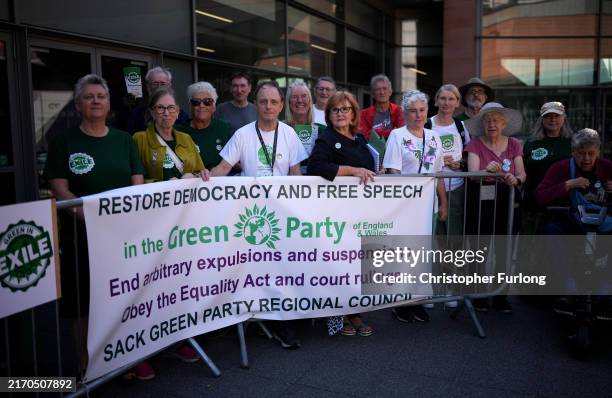 Exiled Green Party members protest outside the Green Party Autumn Conference at Manchester Central on September 06, 2024 in Manchester, England. Some...