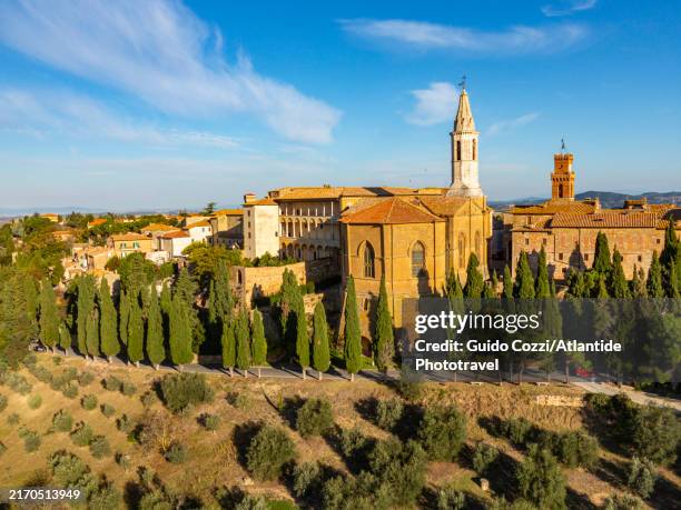 tuscany, drone air view of pienza - pienza stock pictures, royalty-free photos & images
