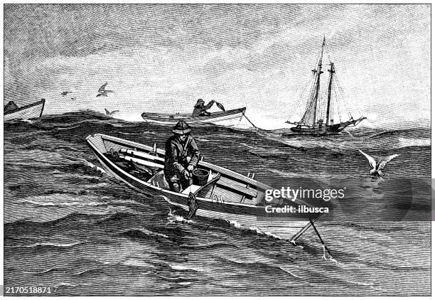 antique illustration: cod fishing, newfoundland - fishing trawler net stock illustrations