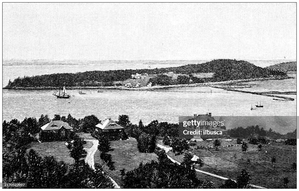 Antique Illustration: Bar Harbor, Mt Desert Island, Maine