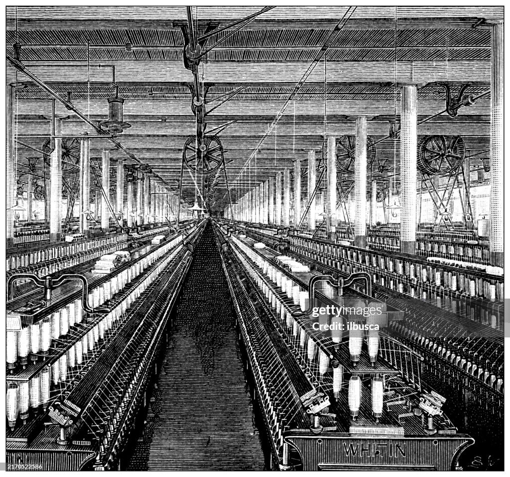 Antique Illustration: Spinning in a cotton mill, Fall River, Massachusetts