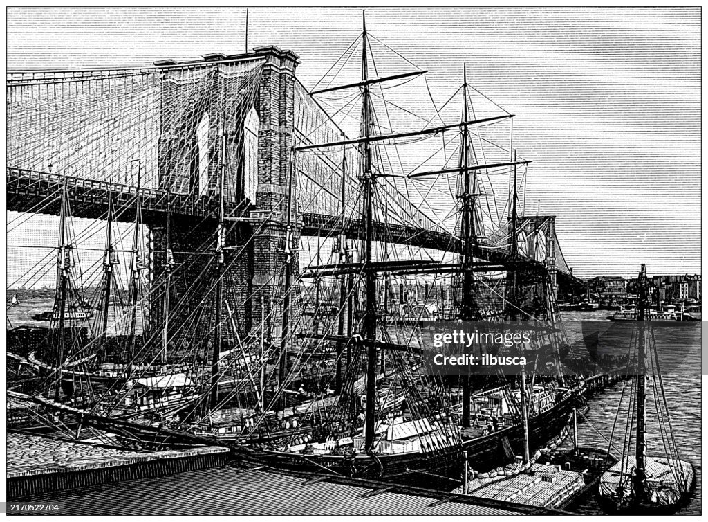 Antique Illustration: Brooklyn Bridge, New York