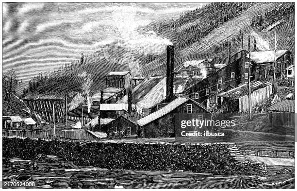 antique illustration: smelter near anaconda, montana - history stock illustrations
