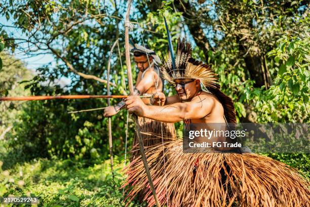indigenous person from the wassú tribe using a bow and arrow in the forest - authentic native american headdress stock pictures, royalty-free photos & images