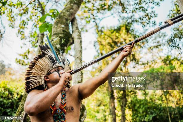 indigenous person from the wassú tribe using a blowpipe in the forest - blowpipe stock pictures, royalty-free photos & images