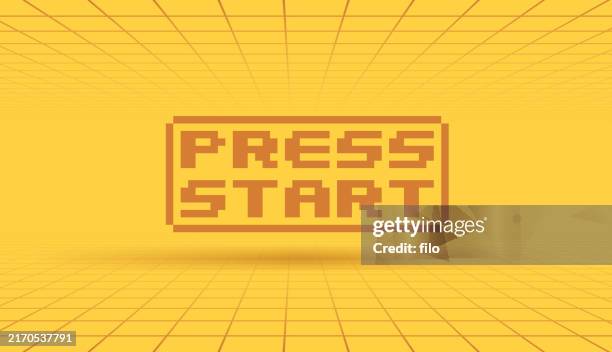 illustrazioni stock, clip art, cartoni animati e icone di tendenza di premi start retro video game background - sfondo giallo