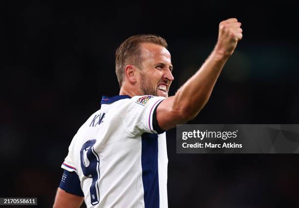 Harry Kane of England celebrates scoring his team's second goal during the UEFA Nations League 2024/25 League B Group B2 match between England and...