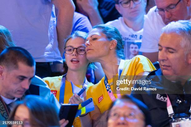 Crown Princess Victoria of Sweden and her daughter Princess Estelle attend the Para Judo competition on day nine of the Paris 2024 Summer Paralympic...