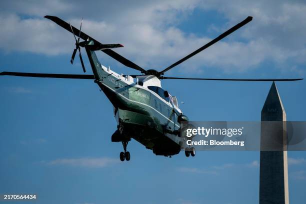 Marine One, with US President Joe Biden aboard, takes off from on the South Lawn of the White House in Washington, DC, US, on Tuesday, Sept. 10,...