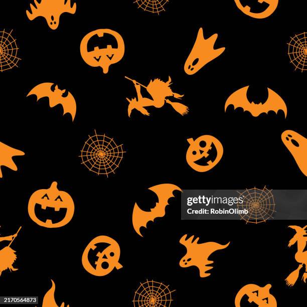 white halloween symbols on a black background seamless pattern - flying lanterns stock illustrations
