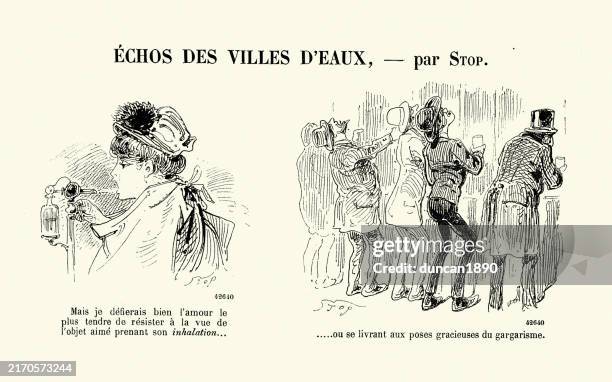 vintage french cartoon, caricature, woman and men using fresh spring water for health, victorian illustration, 1890s - mouthwash drawing stock illustrations