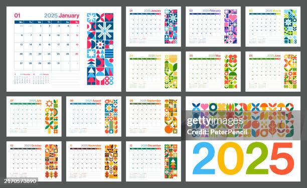 illustrations, cliparts, dessins animés et icônes de calendrier du planificateur 2025 - calendrier de couleur de style de forme bauhaus géométrique abstrait pour 2025 année - grille européenne - la semaine commence le lundi - vector color art design - janvier