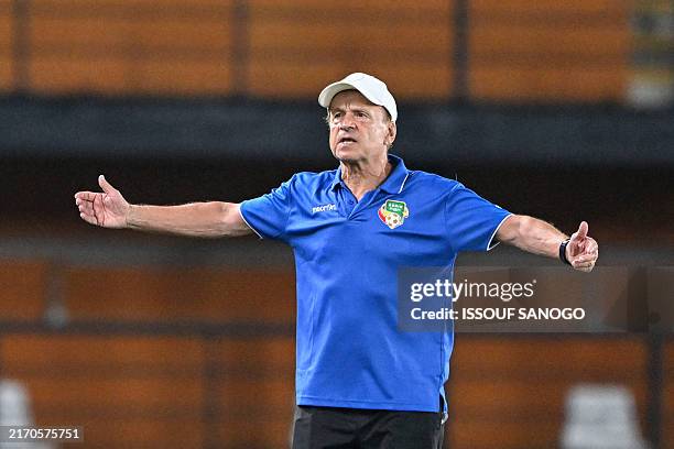 Benin's German head coach Gernot Rohr gestures during the CAF Africa Cup of Nations group D qualification match between Benin and Libya at the Felix...