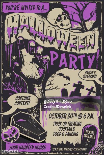 ilustraciones, imágenes clip art, dibujos animados e iconos de stock de plantilla de póster de fiesta de halloween en estilo de cómic retro con elementos espeluznantes - monsters hands