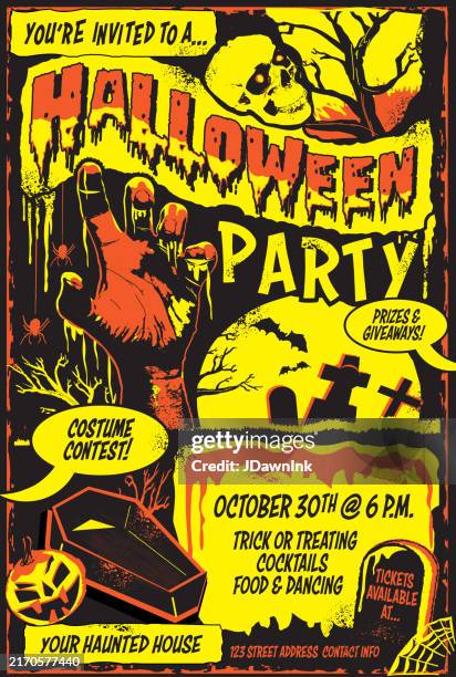 halloween party poster template in retro comic book style with spooky elements - spooky halloween stock illustrations
