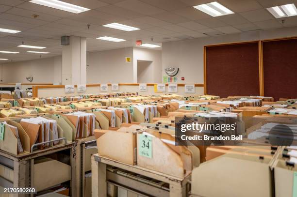 Carts containing documents sit organized at the IRS Processing Facility on September 06, 2024 in Austin, Texas. U.S. Secretary of the Treasury Janet...
