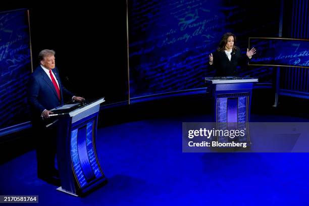 Vice President Kamala Harris, right, and former US President Donald Trump during the second presidential debate at the Pennsylvania Convention Center...