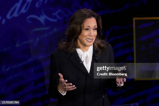 Vice President Kamala Harris speaks during the second presidential debate at the Pennsylvania Convention Center in Philadelphia, Pennsylvania, US, on...