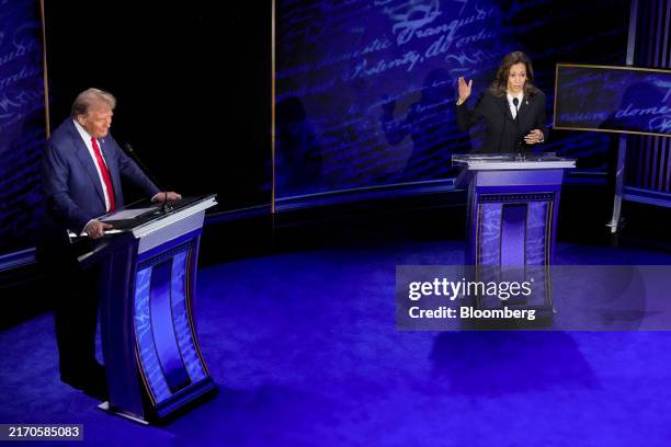 Vice President Kamala Harris, right, and former US President Donald Trump during the second presidential debate at the Pennsylvania Convention Center...
