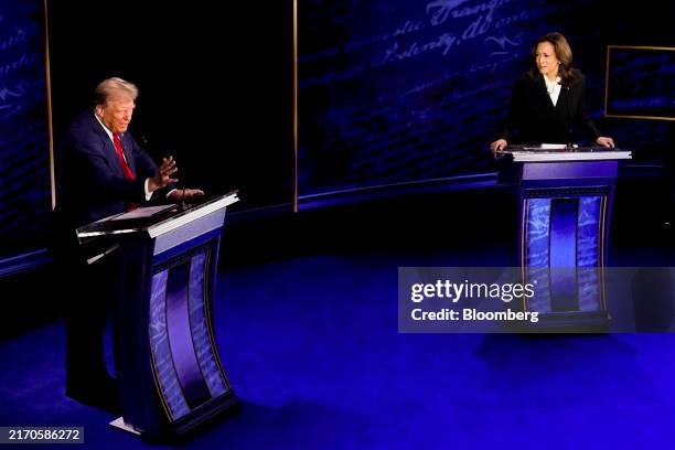 Vice President Kamala Harris, right, and former US President Donald Trump during the second presidential debate at the Pennsylvania Convention Center...