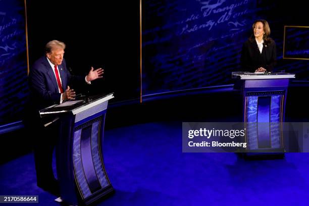 Vice President Kamala Harris, right, and former US President Donald Trump during the second presidential debate at the Pennsylvania Convention Center...