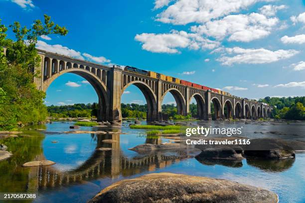 puente de tren en richmond, virginia, con tren que cruza - puente de ferrocarril fotografías e imágenes de stock