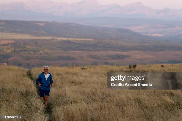 senior man runs through grasses at sunset - grass family stock pictures, royalty-free photos & images