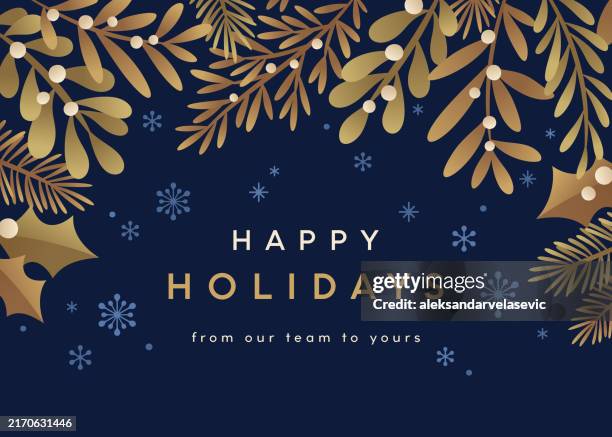 holiday christmas background with mistletoe branches, holly leaves, berries and snowflakes - blue-and-gold-background stock illustrations