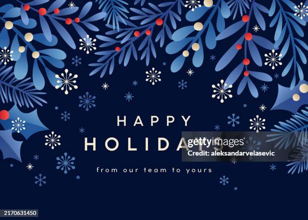 holiday christmas background with mistletoe branches, holly leaves, berries and snowflakes - image stock illustrations