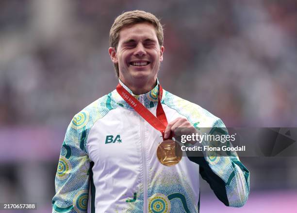 Gold medalist, James Turner of Team Australia, celebrates during the medal ceremony for the Men's 100m T36 Final on day ten of the Paris 2024 Summer...