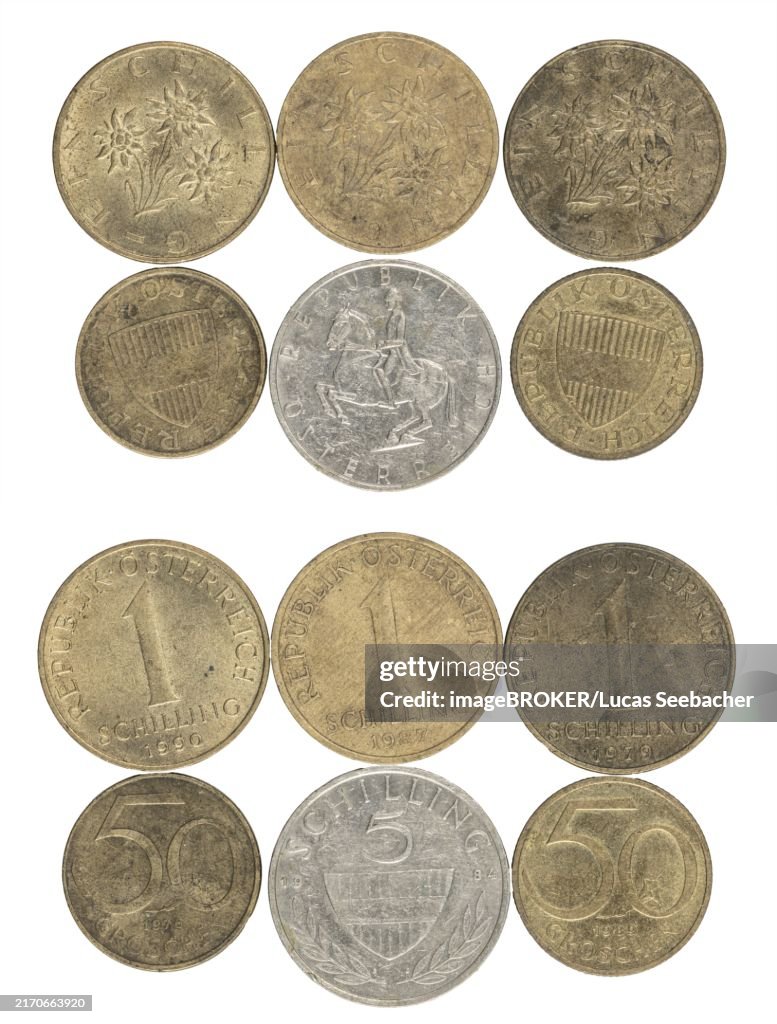 Collection of various Austrian coins, schillings and groschen, circulation money, obverses and reverses