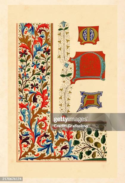 ilustraciones, imágenes clip art, dibujos animados e iconos de stock de elemento de decoración de cenefa medieval iluminado del siglo xv - manuscrito