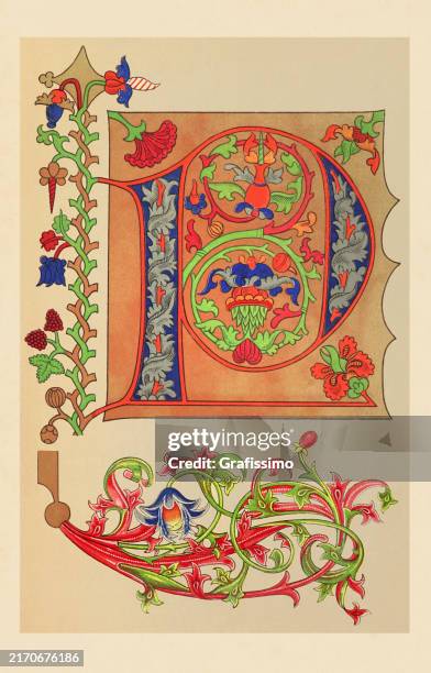 14th century celtic knots around letter p letter from italian choral works - choral pattern stock illustrations