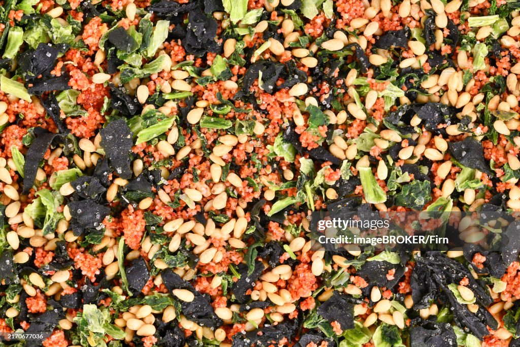 Japanese rice seasoning called Furikake with Nori seaweed, soy beans and spicy Mentai cod roe