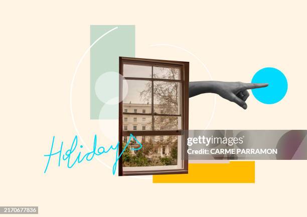 illustrations, cliparts, dessins animés et icônes de une fenêtre et une main. - image composite