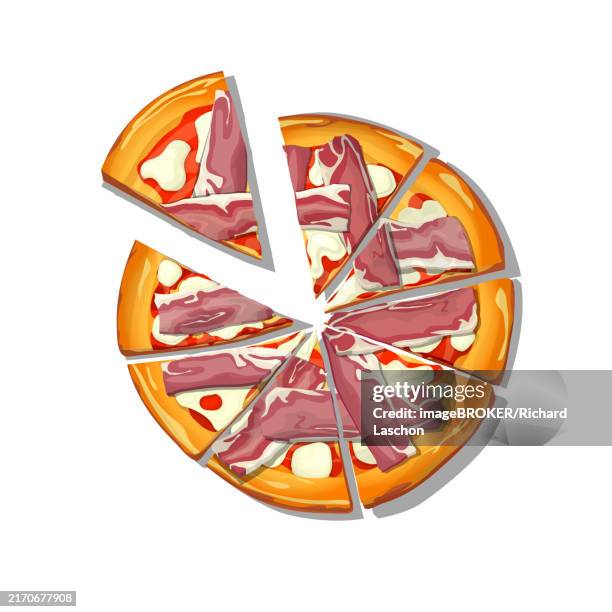 sliced pizza tirolese cartoon over white background, vector illustration - bacon bits stock illustrations