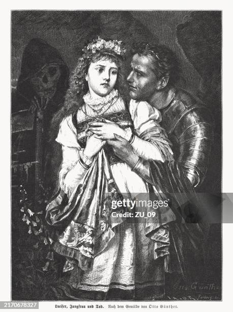 luzifer, jungfrau und tod, holzstich, veröffentlicht 1880 - verführung stock-grafiken, -clipart, -cartoons und -symbole