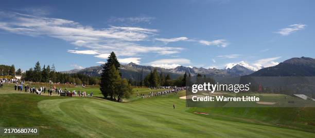 The seventh hole is pictured during the third round of the Omega European Masters 2024 at Crans-sur-Sierre Golf Club on September 07, 2024 in...