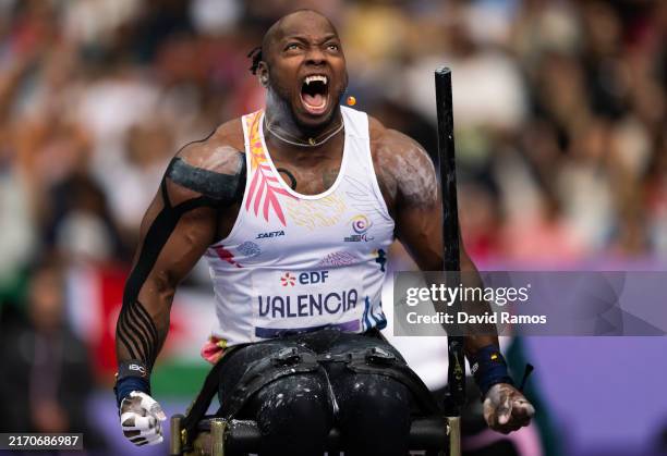 Mauricio Valencia of Team Colombia celebrates moving into first place during the Men's Shot Put - F34 Final on day ten of the Paris 2024 Summer...